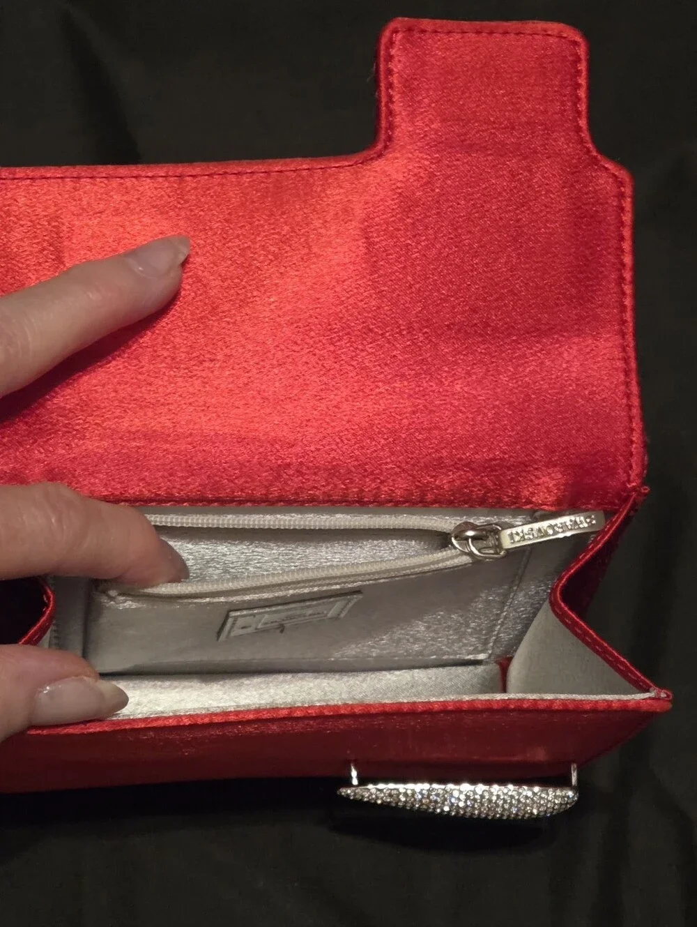 Swarovski Red Satin Evening Clutch Purse Featuring Pave Crystal 6x4.5x1.25